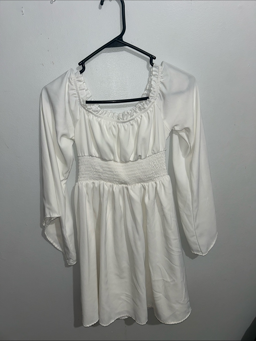 White Smocked Waist Long Sleeve Dress - Picture 1 of 2